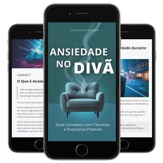 E-book Ansiedade no Divã exibido em celular, guia prático de psicologia da Ajuda Terapia